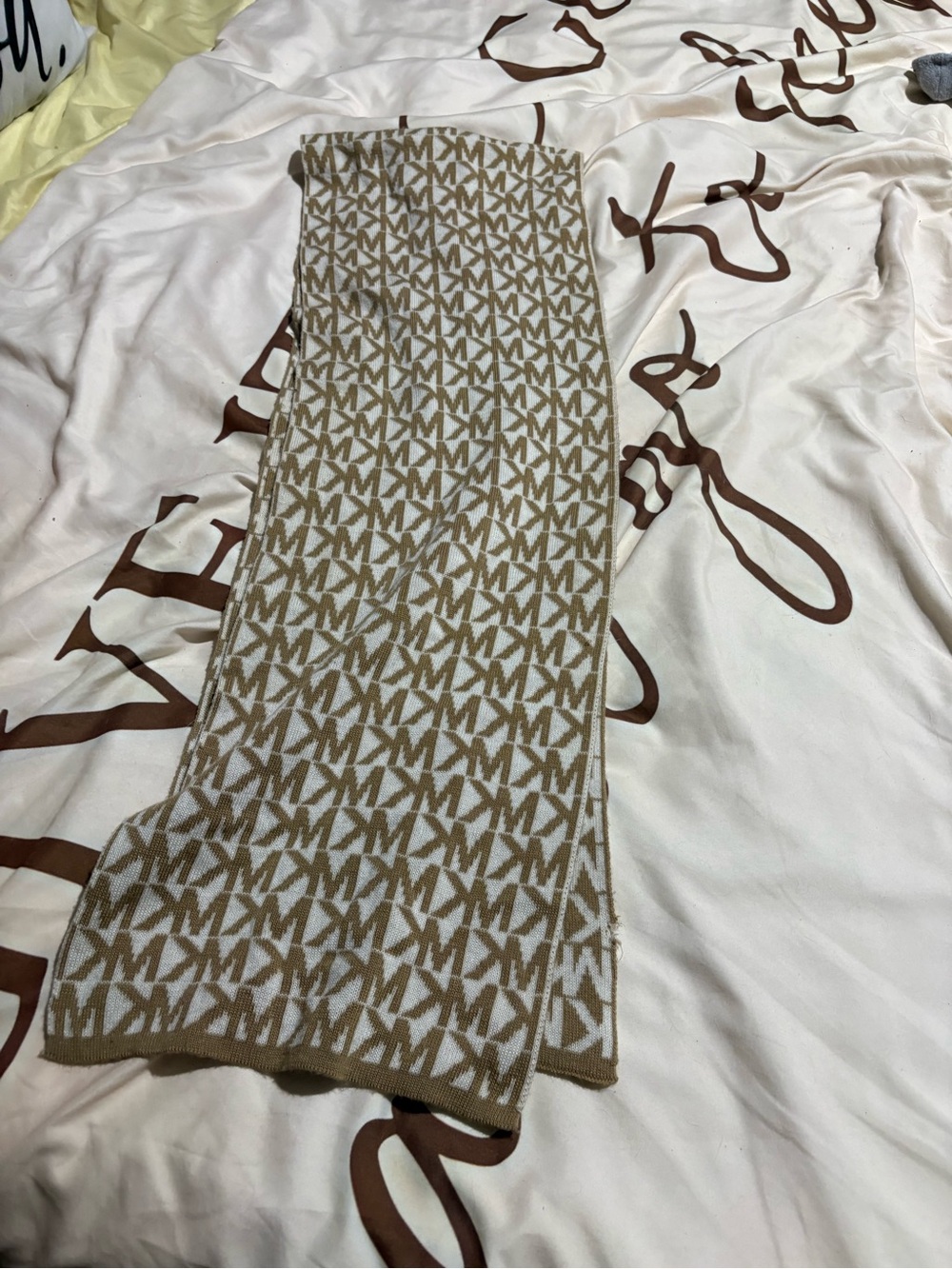 Michael Kors Tan and White MK Logo Knit Scarf